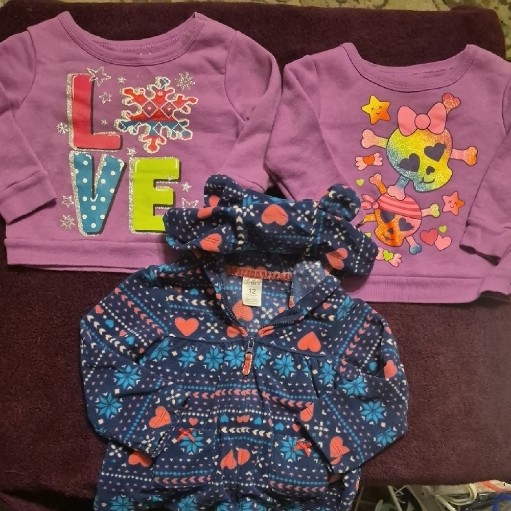 Girls Garanimals Purple 12m Sweat Shirts, Blue Carters 12m Zip Up Jacket Set